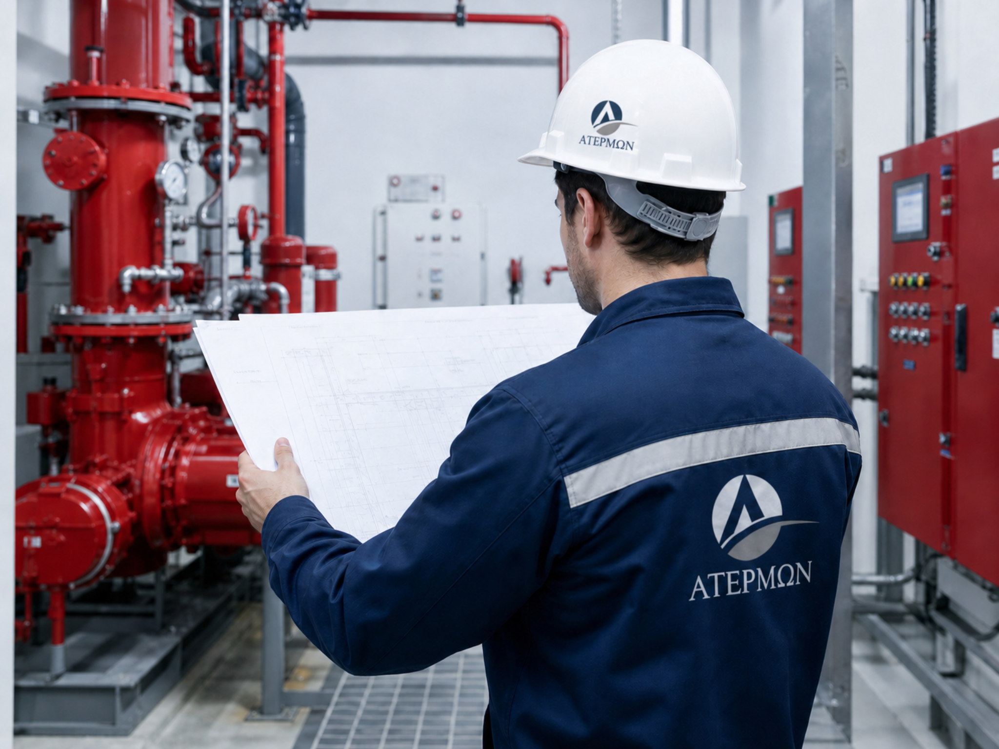 Τεχνικός της ΑΤΕΡΜΩΝ με σχέδια μπροστά σε εγκατάσταση πυρασφάλειας
